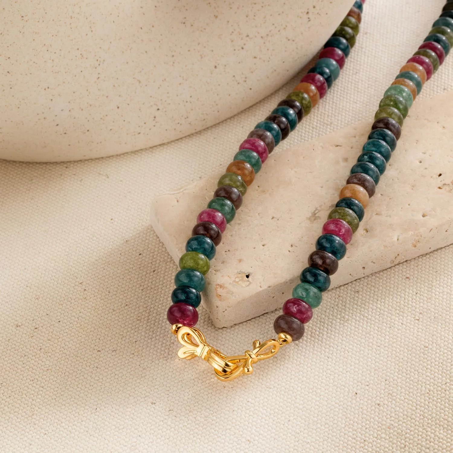 Tourmaline Rainbow Colorful Gemstone Beaded Choker Necklace for Women 14K Gold Bow Birthstone Beads Chokers