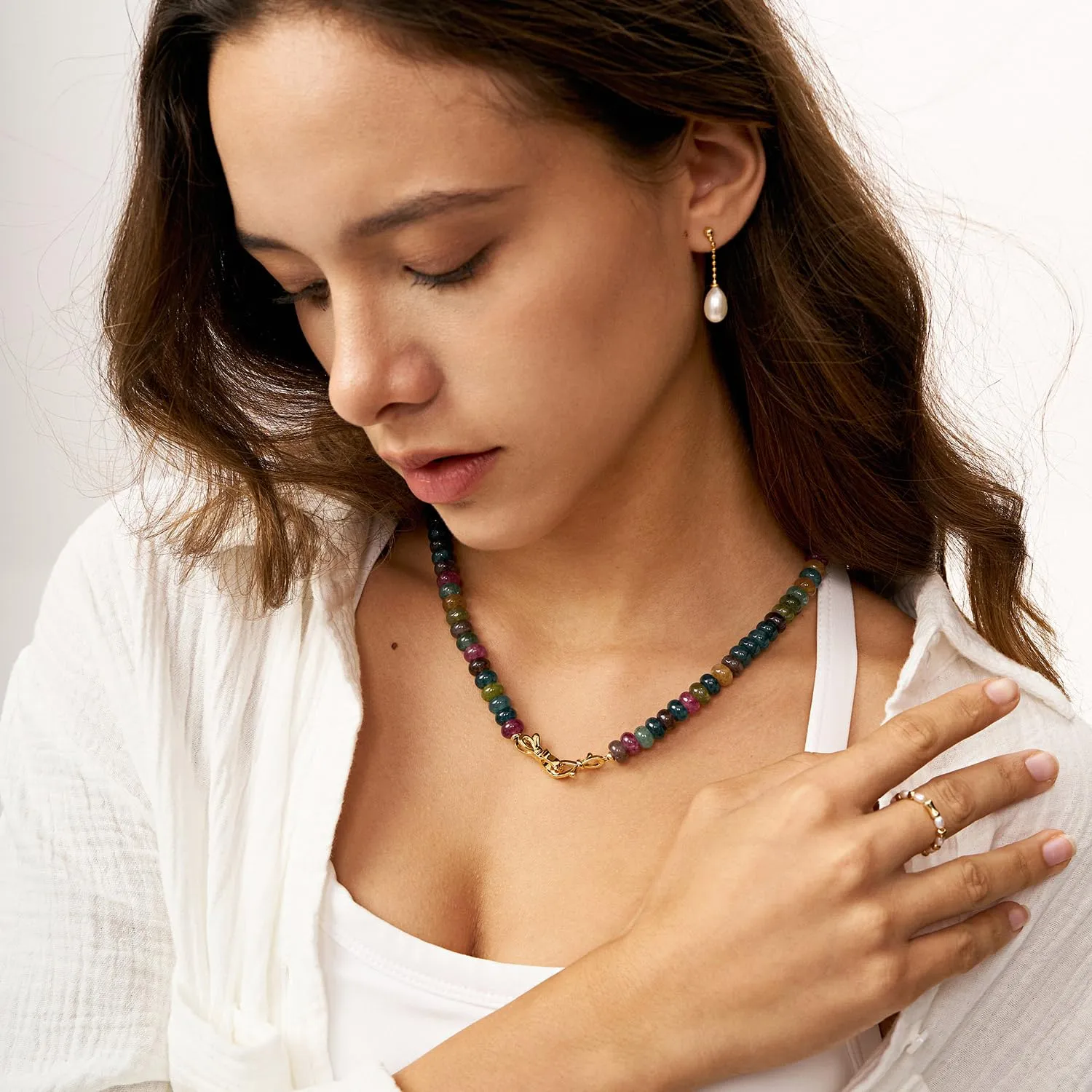 Tourmaline Rainbow Colorful Gemstone Beaded Choker Necklace for Women 14K Gold Bow Birthstone Beads Chokers