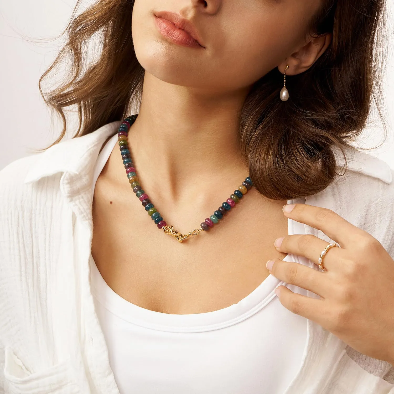 Tourmaline Rainbow Colorful Gemstone Beaded Choker Necklace for Women 14K Gold Bow Birthstone Beads Chokers
