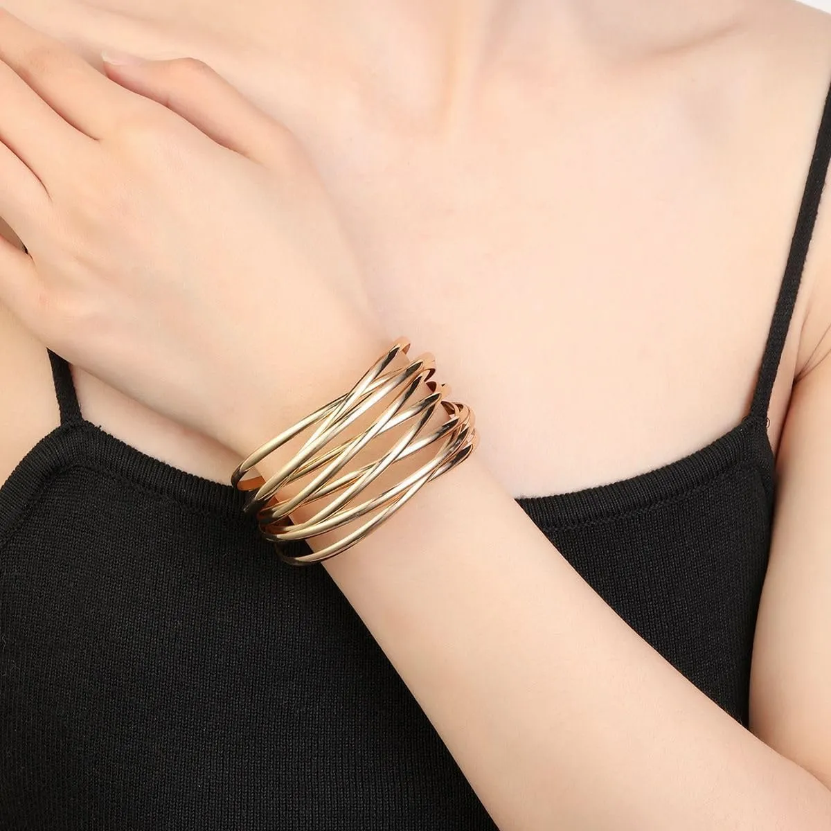 Twisted Cuff Bangle Bracelet for Women Trendy Multi-layer Wire Warp Bangle Bracelet Adjustable Wide Open Chunky Cuff Bracelet, Gold & Rose Gold & Silver