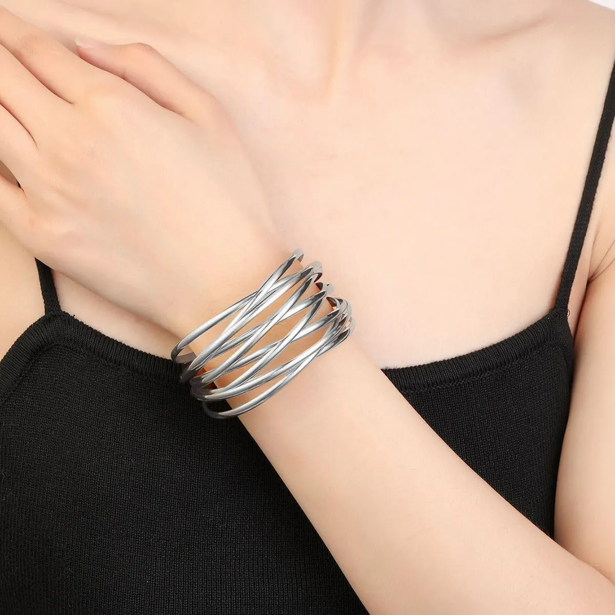 Twisted Cuff Bangle Bracelet for Women Trendy Multi-layer Wire Warp Bangle Bracelet Adjustable Wide Open Chunky Cuff Bracelet, Gold & Rose Gold & Silver