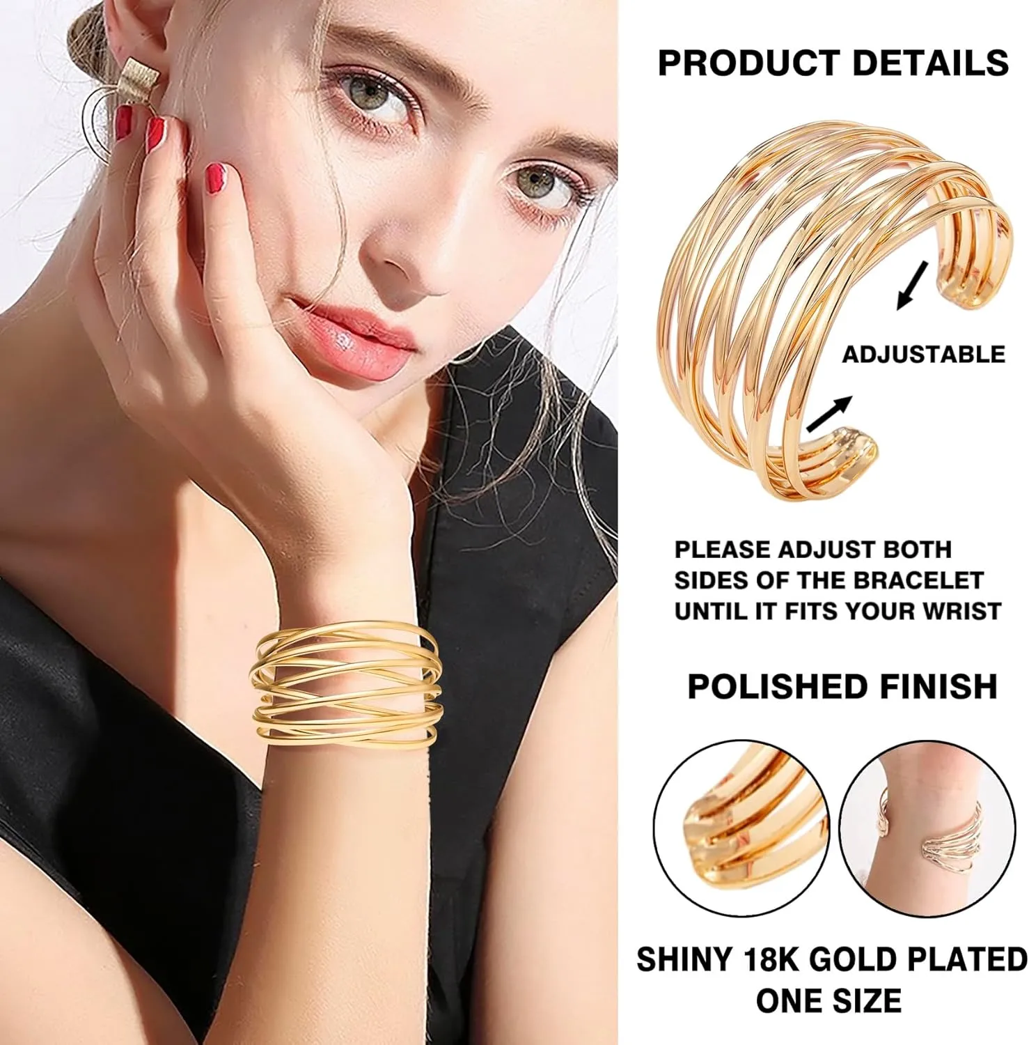 Twisted Cuff Bangle Bracelet for Women Trendy Multi-layer Wire Warp Bangle Bracelet Adjustable Wide Open Chunky Cuff Bracelet, Gold & Rose Gold & Silver