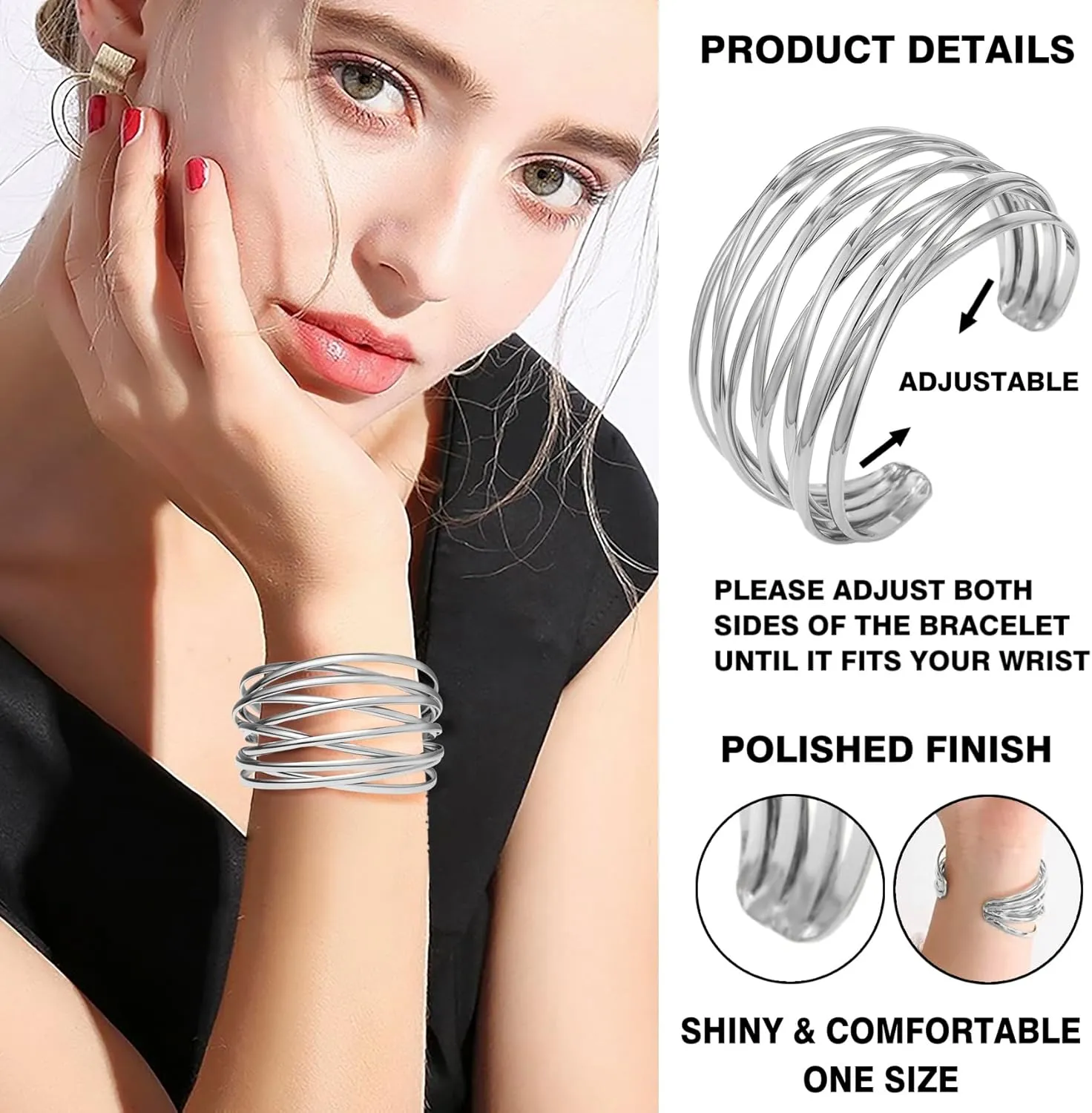 Twisted Cuff Bangle Bracelet for Women Trendy Multi-layer Wire Warp Bangle Bracelet Adjustable Wide Open Chunky Cuff Bracelet, Gold & Rose Gold & Silver