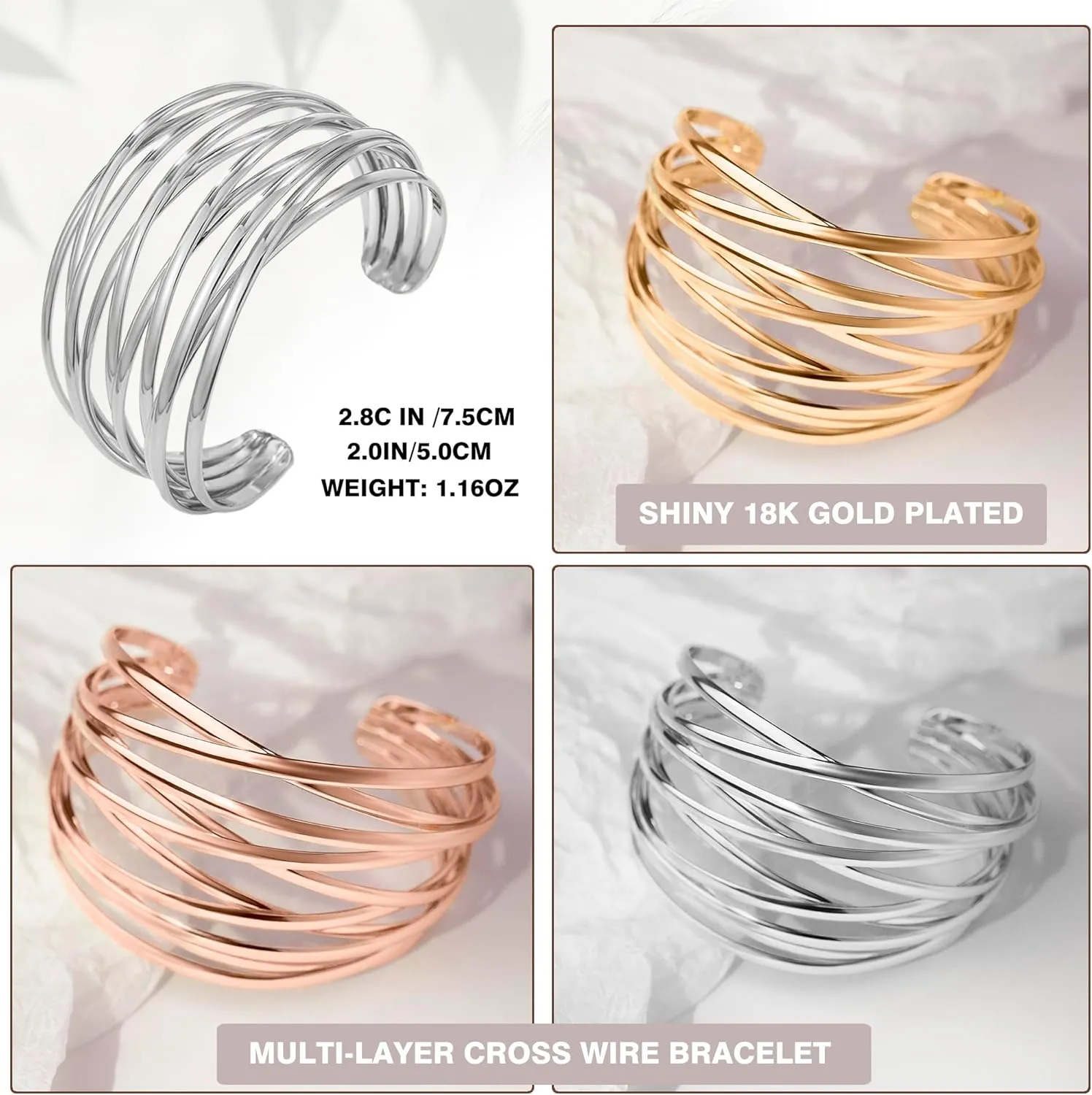 Twisted Cuff Bangle Bracelet for Women Trendy Multi-layer Wire Warp Bangle Bracelet Adjustable Wide Open Chunky Cuff Bracelet, Gold & Rose Gold & Silver
