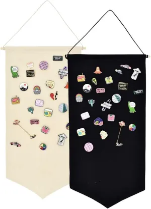 Wall Hanging Brooch Jewelry Storage Case Canvas Display Stand Enamel Pin Display Banner Holder Earrings Necklace Glitter Pin Collection Organizer (Black White)