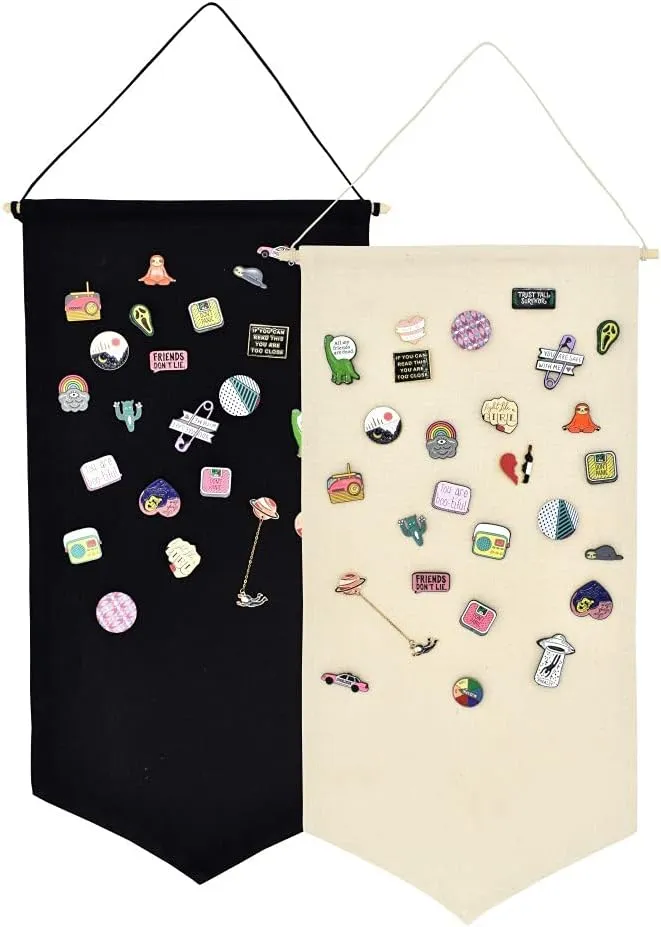 Wall Hanging Brooch Jewelry Storage Case Canvas Display Stand Enamel Pin Display Banner Holder Earrings Necklace Glitter Pin Collection Organizer (Black White)
