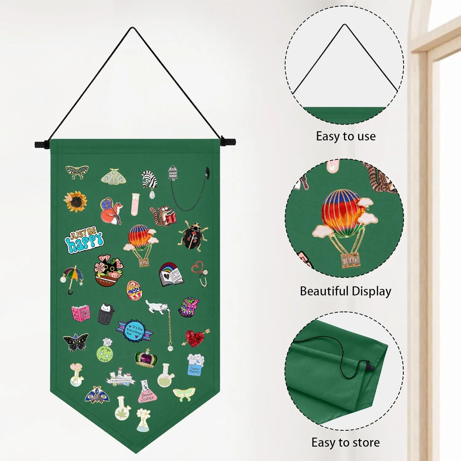 Wall Hanging Brooch Jewelry Storage Case Canvas Display Stand Enamel Pin Display Banner Holder Earrings Necklace Glitter Pin Collection Organizer (Green)