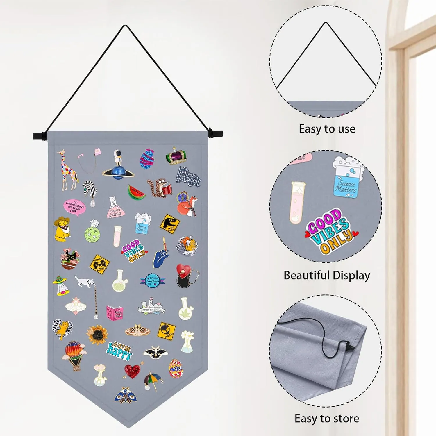 Wall Hanging Brooch Jewelry Storage Case Canvas Display Stand Enamel Pin Display Banner Holder Earrings Necklace Glitter Pin Collection Organizer (Grey)