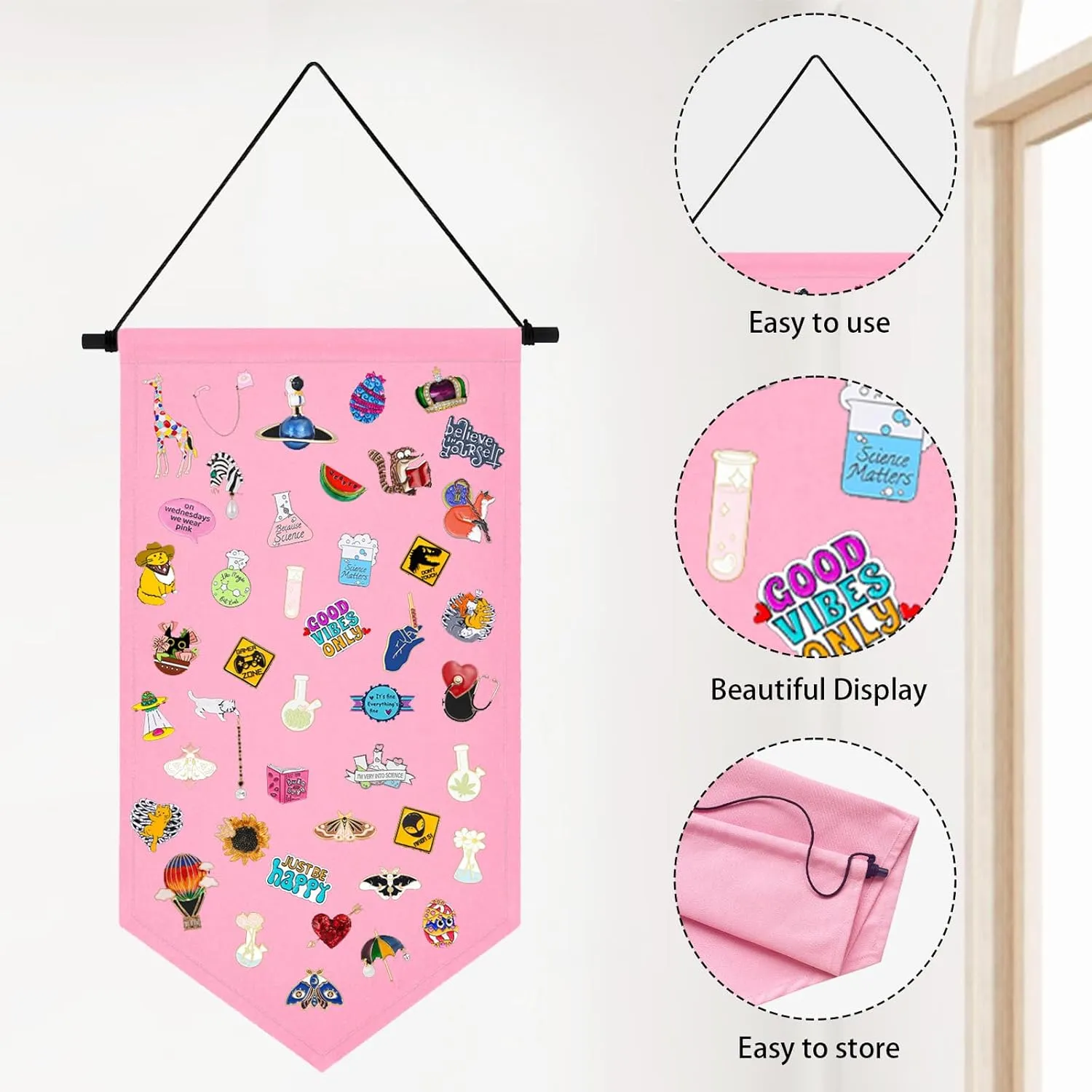 Wall Hanging Brooch Jewelry Storage Case Canvas Display Stand Enamel Pin Display Banner Holder Earrings Necklace Glitter Pin Collection Organizer (Pink)