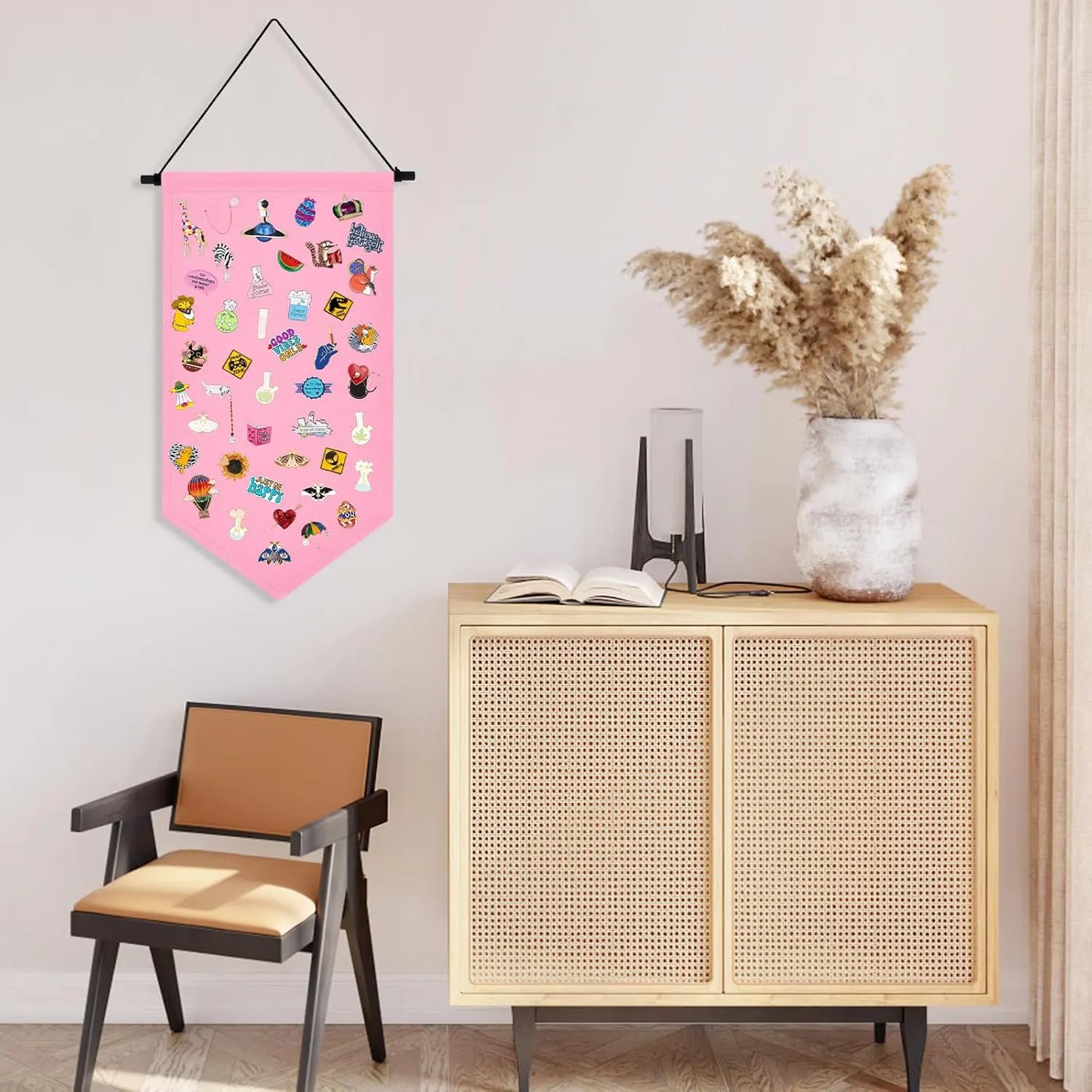 Wall Hanging Brooch Jewelry Storage Case Canvas Display Stand Enamel Pin Display Banner Holder Earrings Necklace Glitter Pin Collection Organizer (Pink)