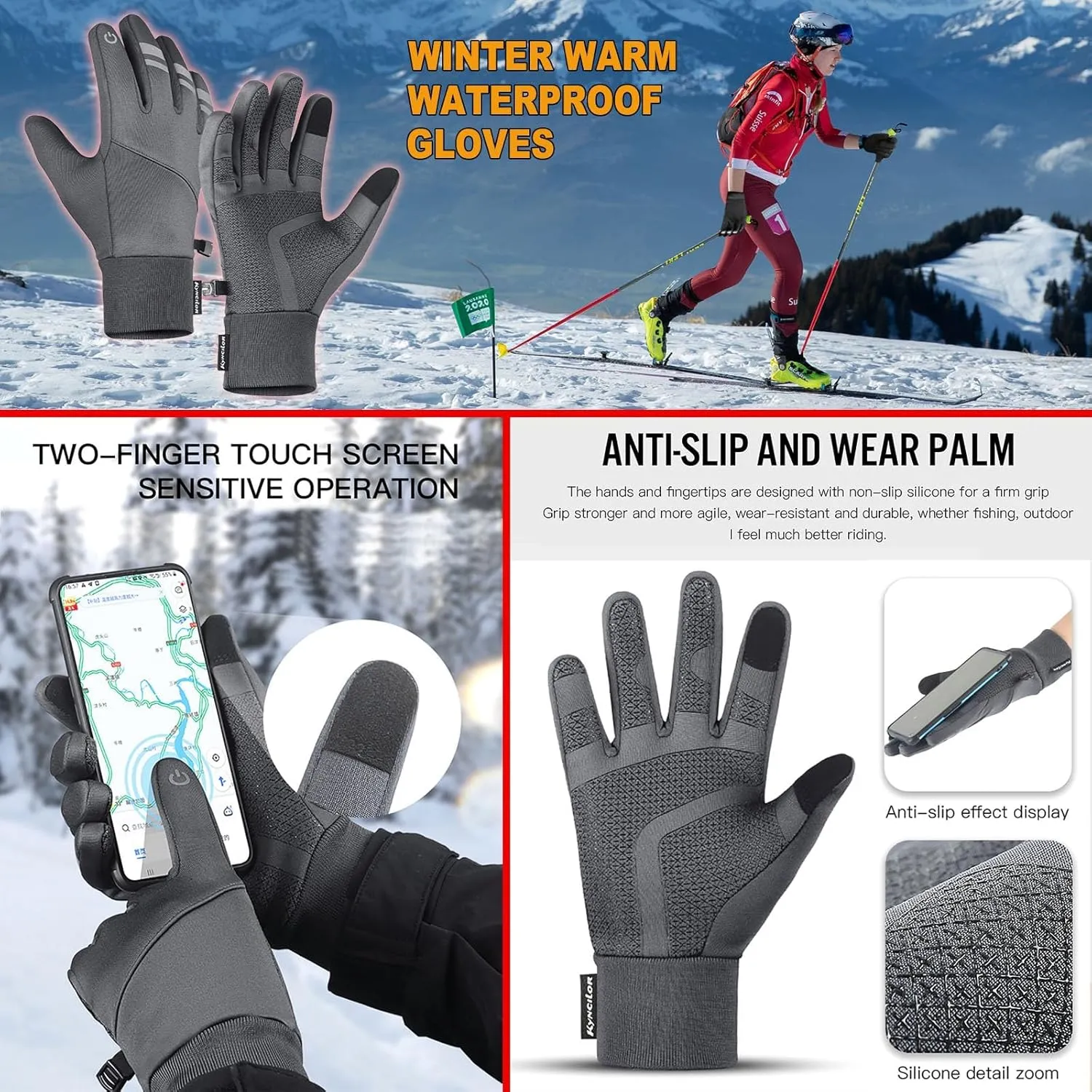 Winter Gloves Thermal Gloves Men Women - Waterproof & Windproof Touch Screen Warm for Cold Weather Cycling, Biking, Driving, Hiking, Running