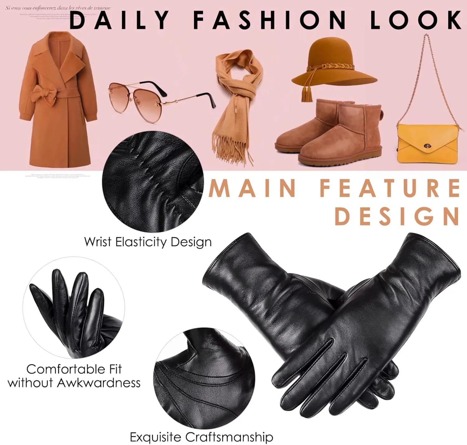 Winter Sheepskin Leather Gloves for Women, Fashion Driving Touchscreen Handwear with Thermal Cashmere Lining