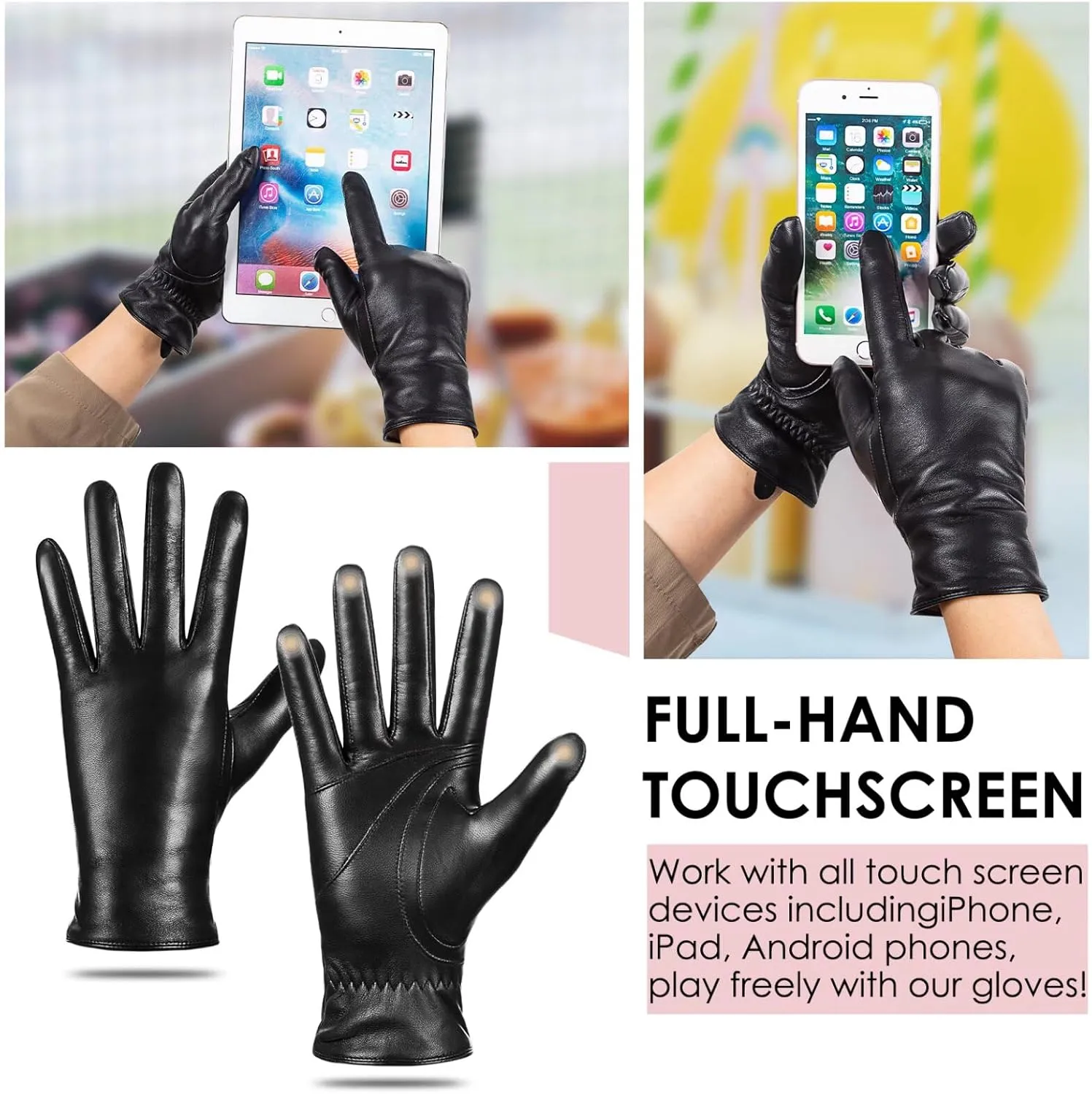 Winter Sheepskin Leather Gloves for Women, Fashion Driving Touchscreen Handwear with Thermal Cashmere Lining