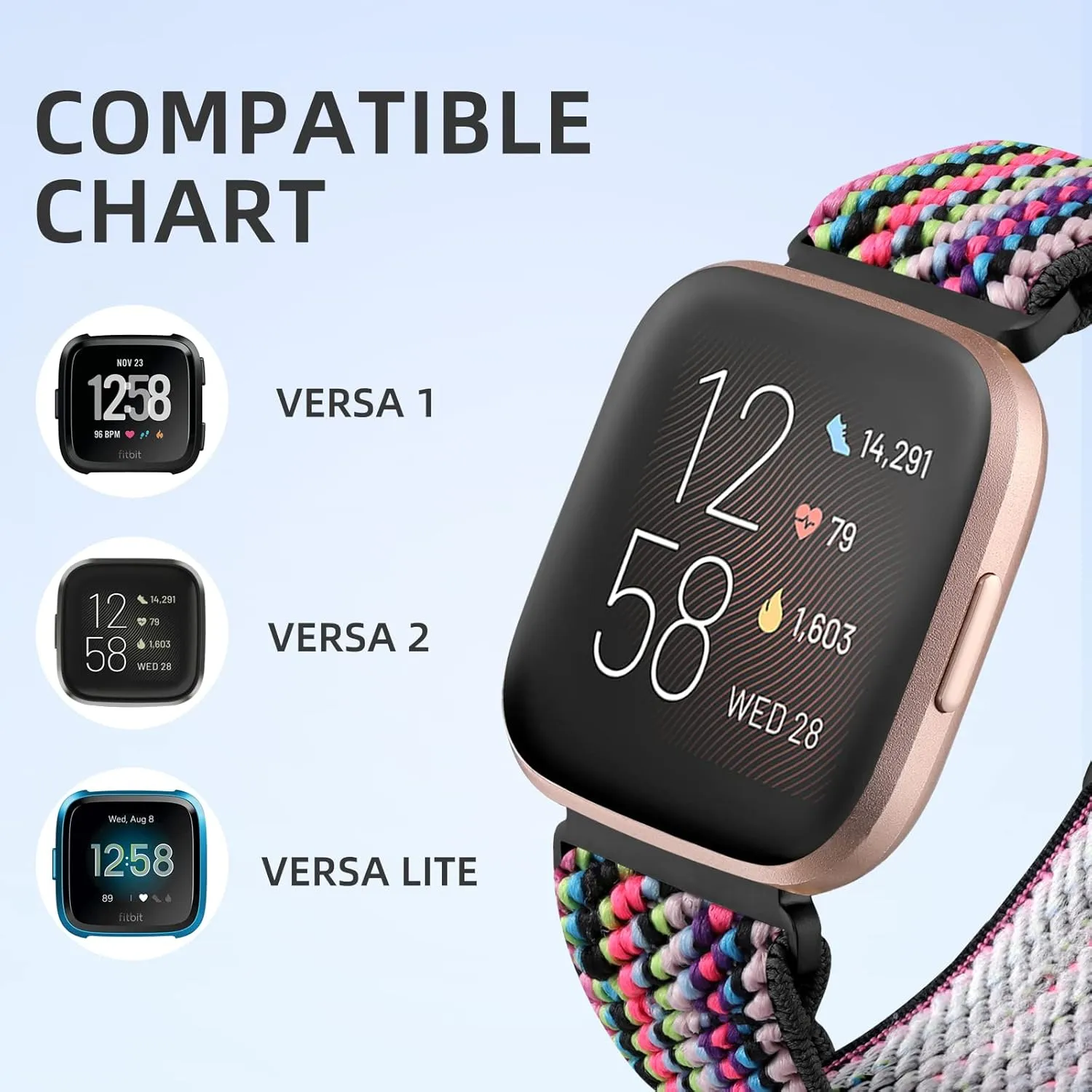 Witzon Elastic Bands Compatible with Fitbit Versa 2 / Versa/Lite, Soft Loop Nylon Fabric Breathable Stretchy Replacement Straps for Versa Smartwatch Wristband for Women Men, Colorful Rope