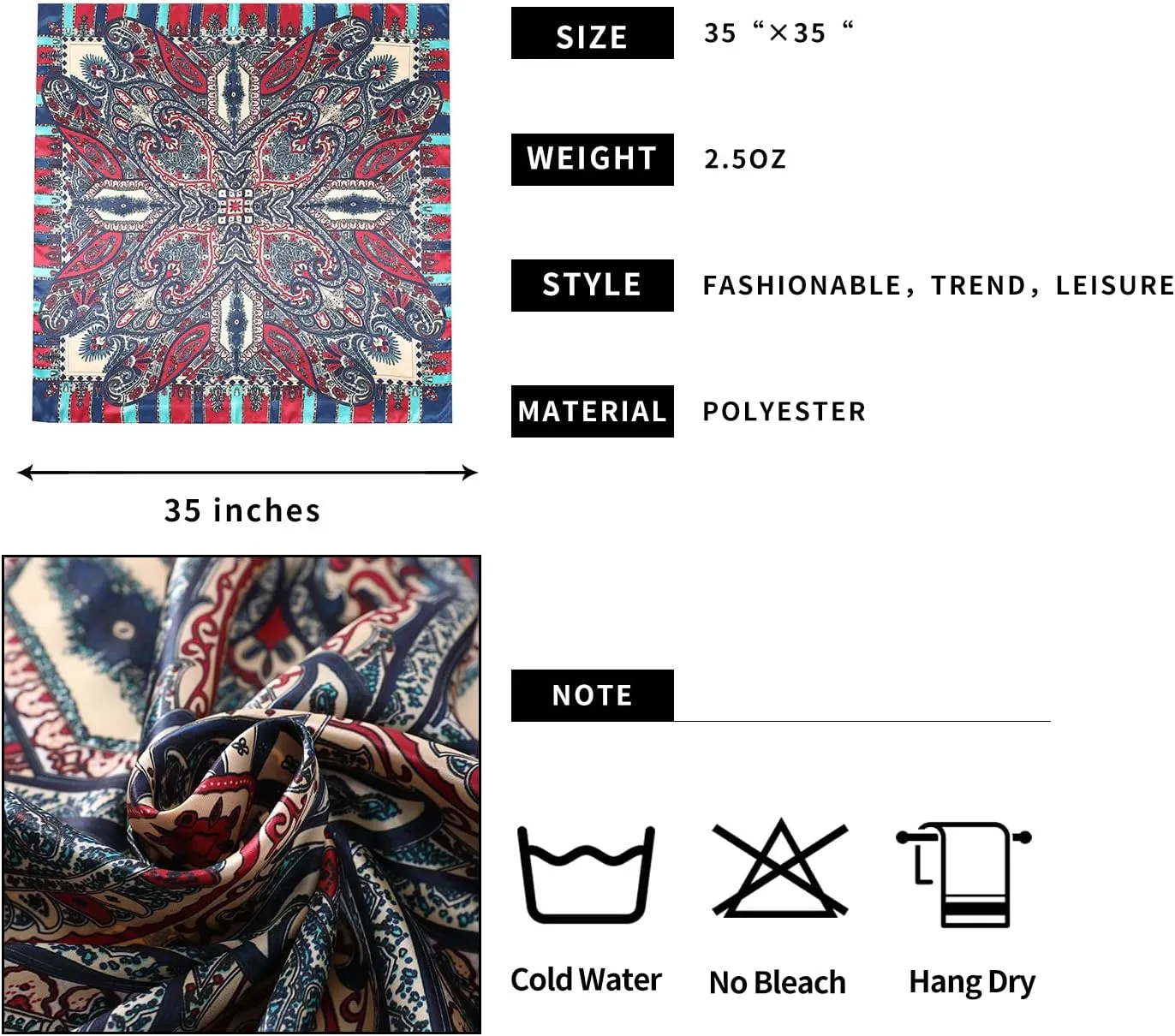 Women's 35" Satin Square Silk Like Hair Scarves and Wraps-Square Silk Head Scarf for wrapping hair