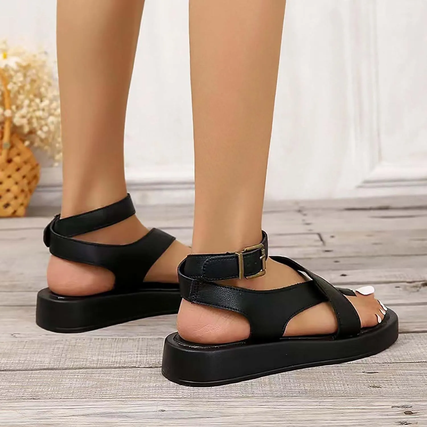 Women's Entry Ankle wrap Footbed Sandal with Comfort, Wide Widths Walking Sandals Comfortable Support Ankle Strap Platform Arch Summer Air Cushioned Beach Flat