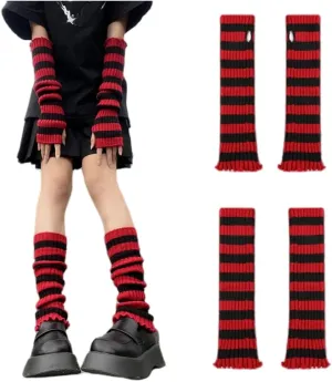 Womens Leg Socks Arm Sleeve Red-Black Stripe Knit Y2K Arm Warmers Gloves Leg Warmer Socks 80s Outfit for Women Party(2 Pairs)