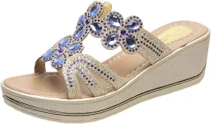 Women's Rhinestone Open Toe Platform Sandals Slip on Bohemian Summer Beach Sandals with Arch Support Comfort Walking Shoes Women Casual Dressy Wegde Sandal for Women Daily Wear Comfy