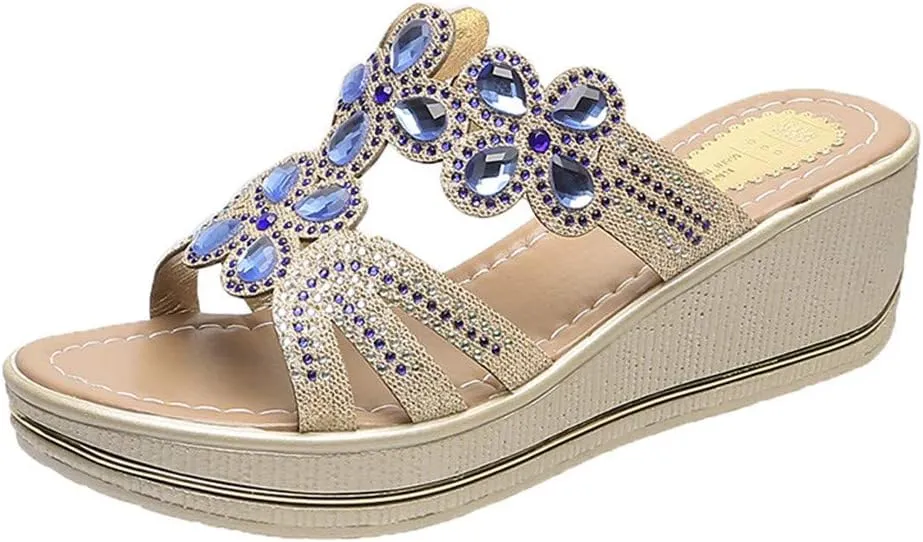Women's Rhinestone Open Toe Platform Sandals Slip on Bohemian Summer Beach Sandals with Arch Support Comfort Walking Shoes Women Casual Dressy Wegde Sandal for Women Daily Wear Comfy