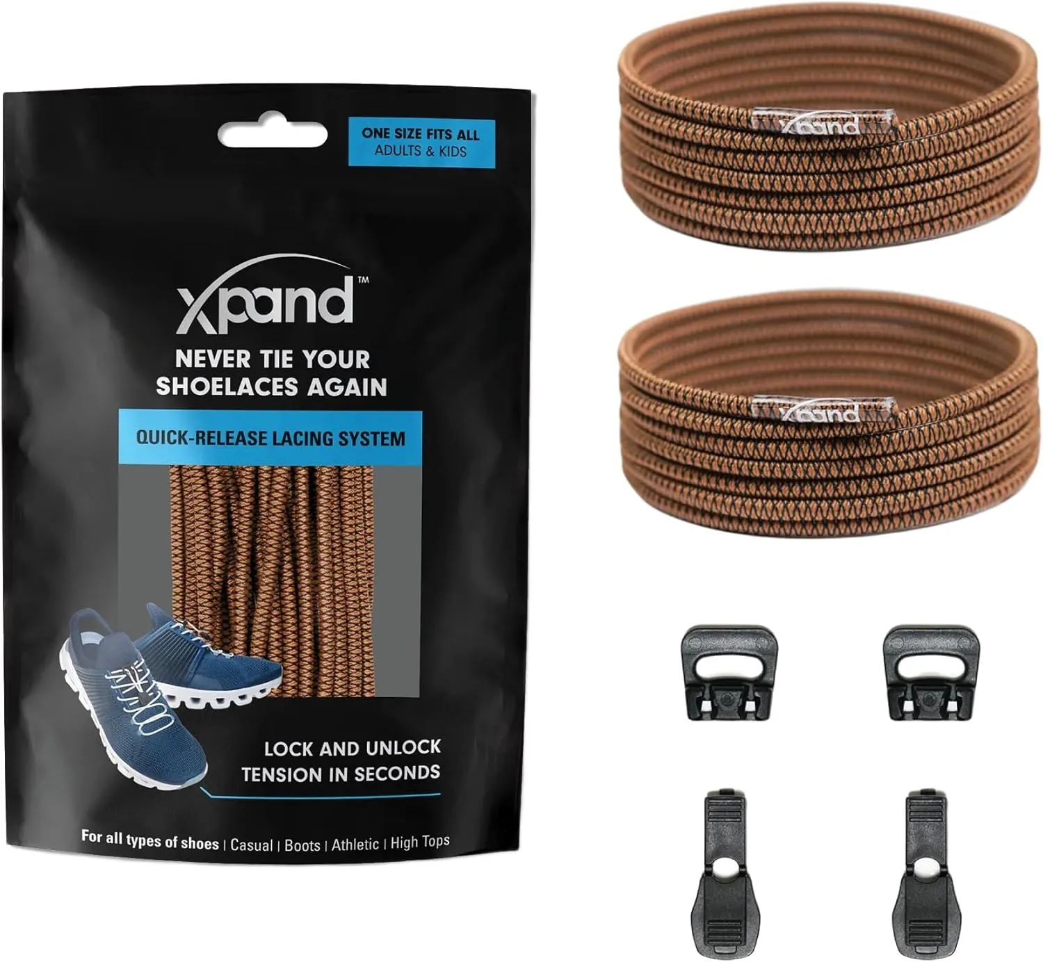 Xpand Round Lacing. Elastic No Tie Shoelaces - Quick Release Tension Control - One Size Fits All Adult and Kids Shoes
