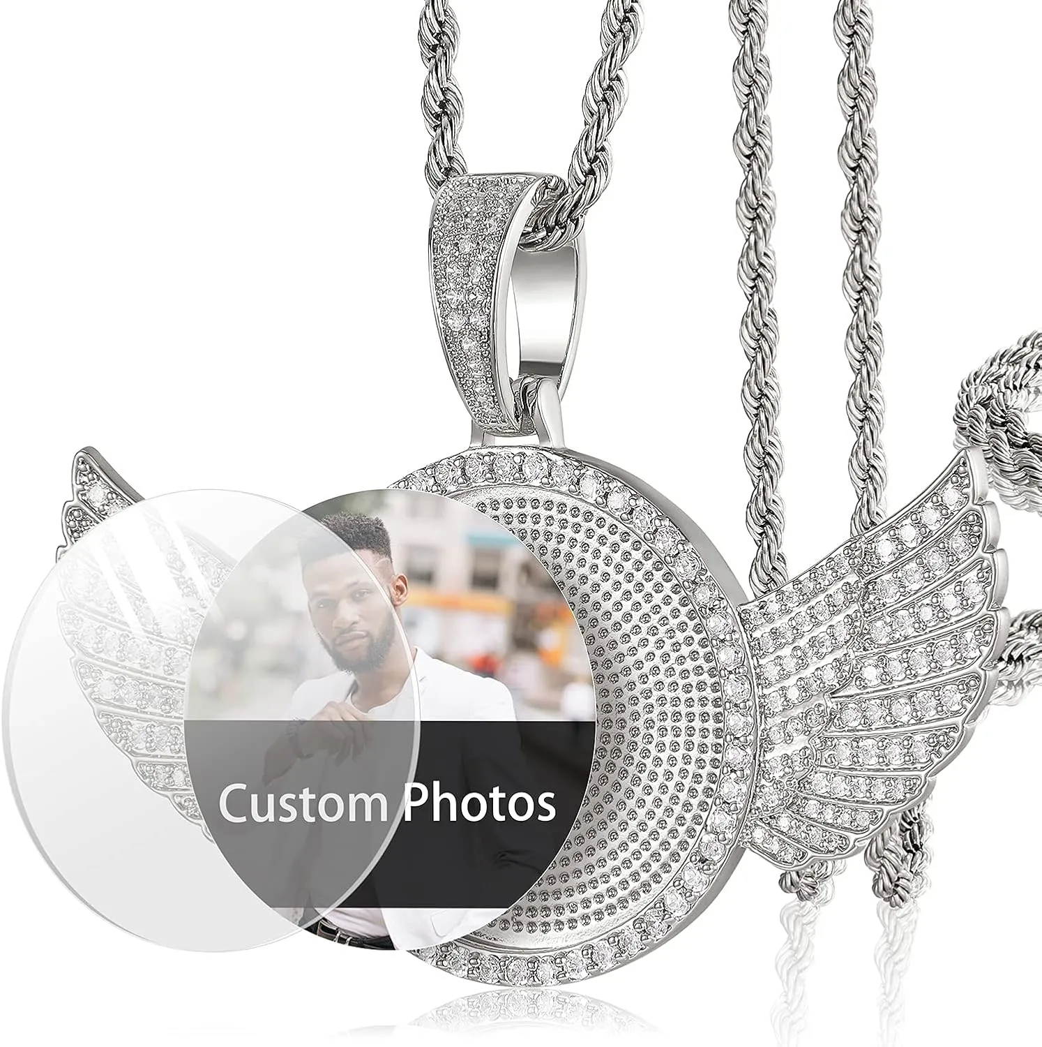 YIMERAIRE Blank Custom Picture Necklace Memorial Angel Wing Photo Pendant Iced Out Trays Necklace with Rope Chain for Women and Men