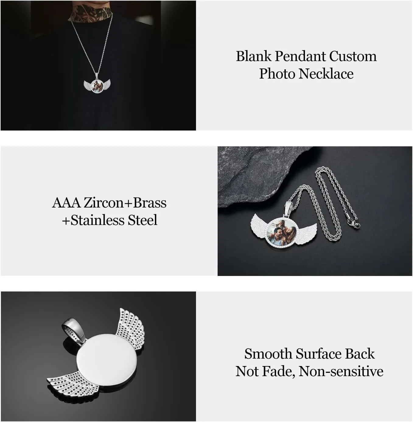 YIMERAIRE Blank Custom Picture Necklace Memorial Angel Wing Photo Pendant Iced Out Trays Necklace with Rope Chain for Women and Men