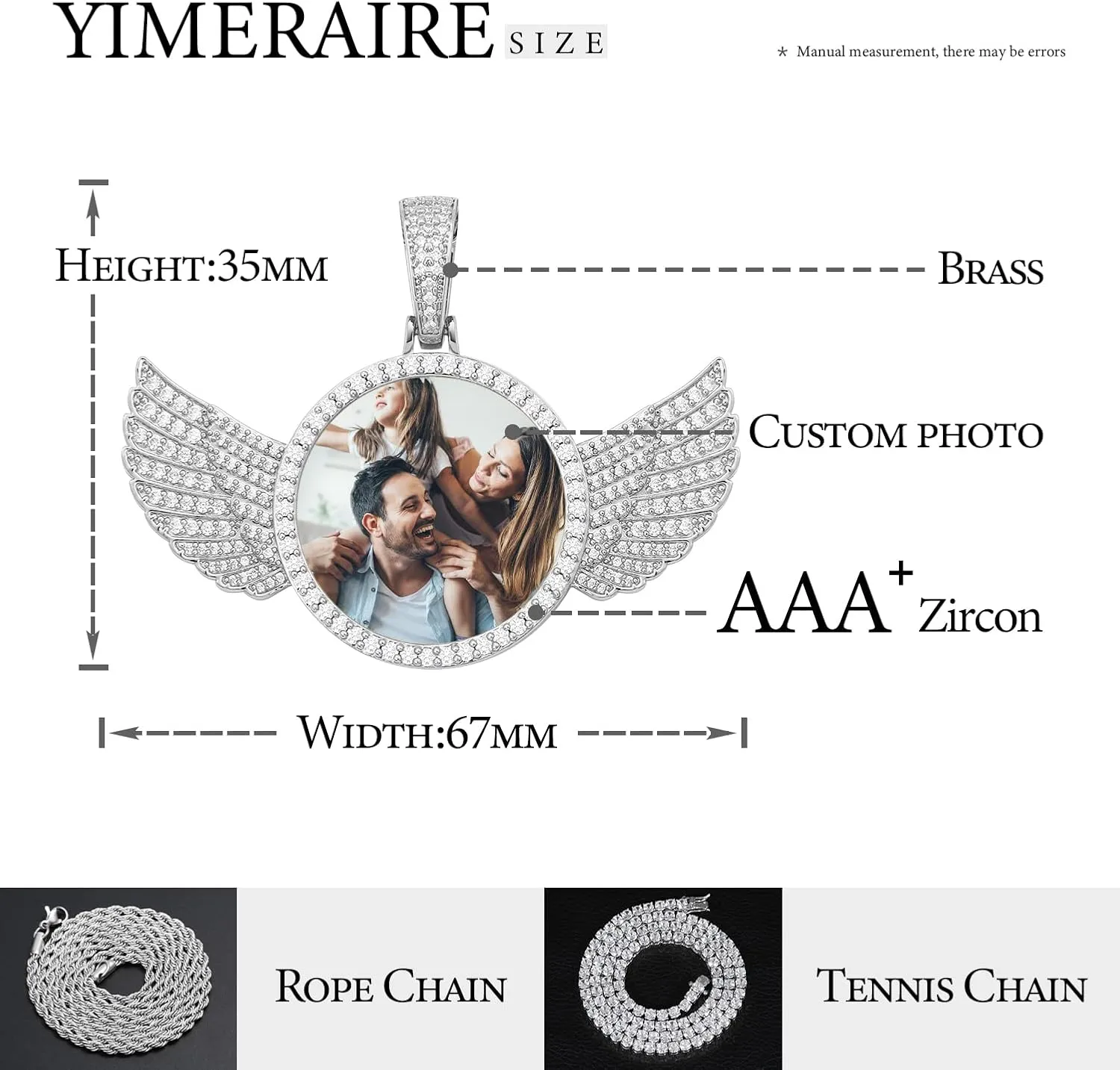 YIMERAIRE Blank Custom Picture Necklace Memorial Angel Wing Photo Pendant Iced Out Trays Necklace with Rope Chain for Women and Men