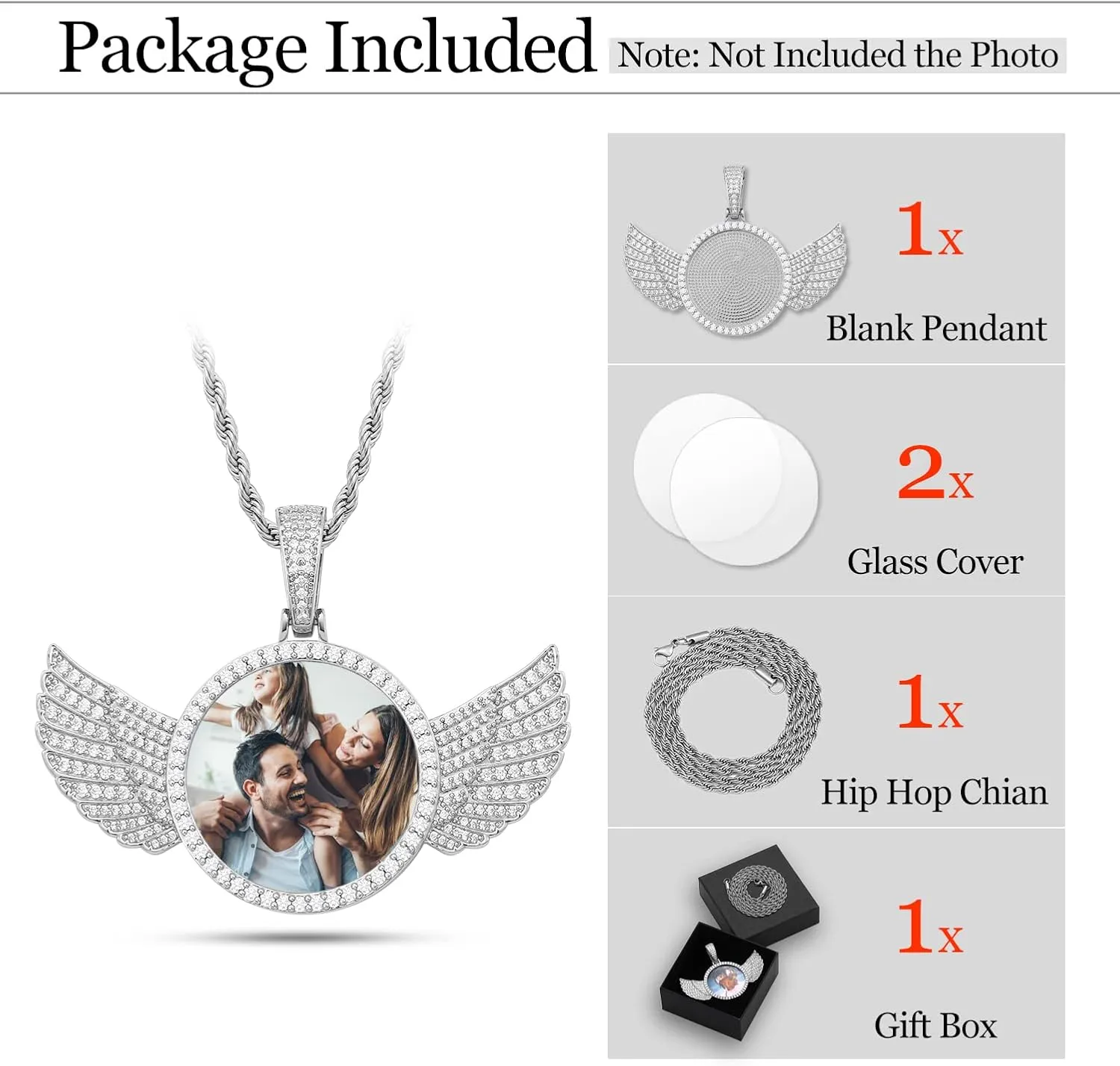 YIMERAIRE Blank Custom Picture Necklace Memorial Angel Wing Photo Pendant Iced Out Trays Necklace with Rope Chain for Women and Men