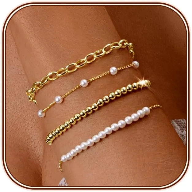 Zeffy Gold Pearl Beaded Bracelet for Women, 14K Gold Plated Jewelry Set With Paperclip Link Chain, Trendy Stack Bracelets
