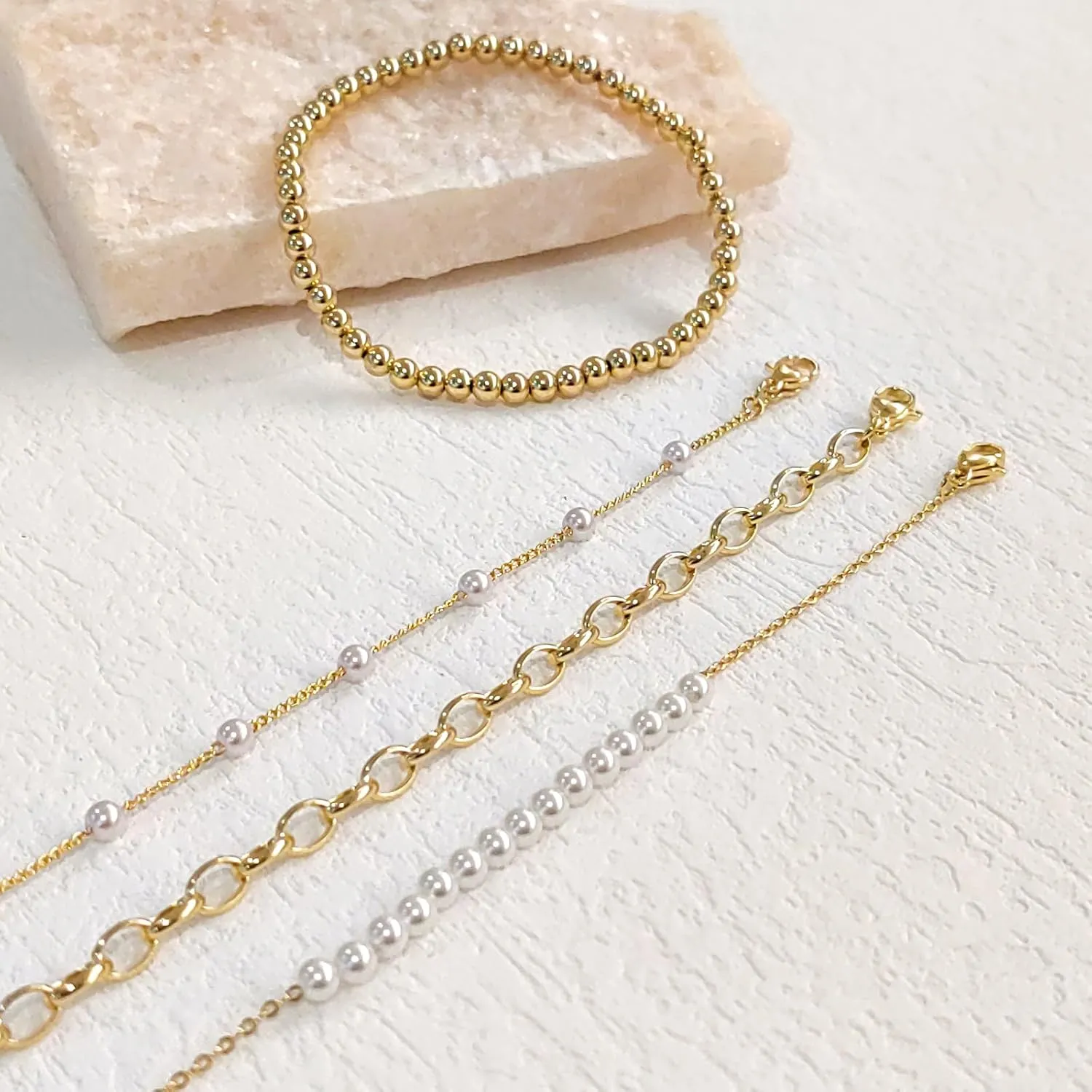 Zeffy Gold Pearl Beaded Bracelet for Women, 14K Gold Plated Jewelry Set With Paperclip Link Chain, Trendy Stack Bracelets