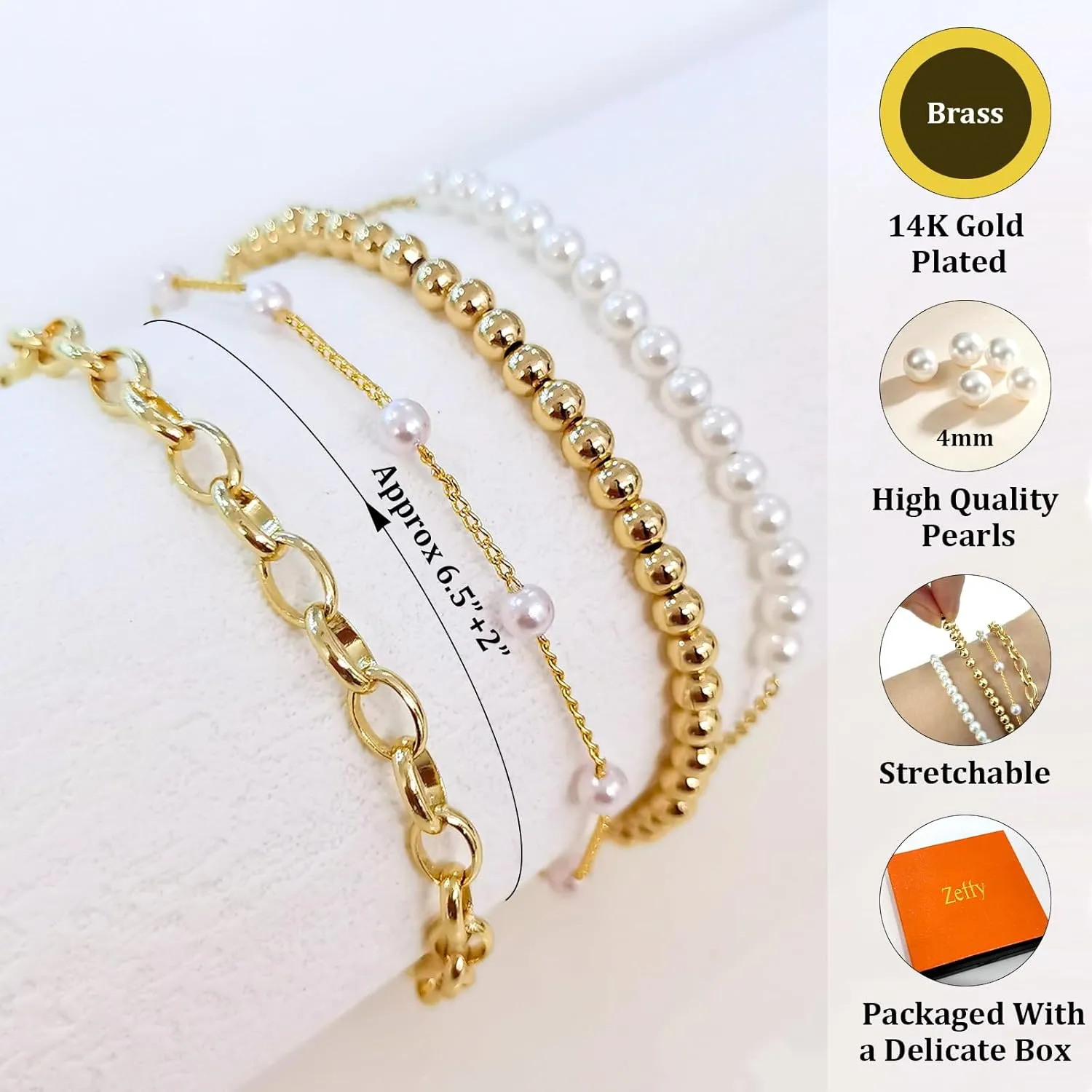 Zeffy Gold Pearl Beaded Bracelet for Women, 14K Gold Plated Jewelry Set With Paperclip Link Chain, Trendy Stack Bracelets