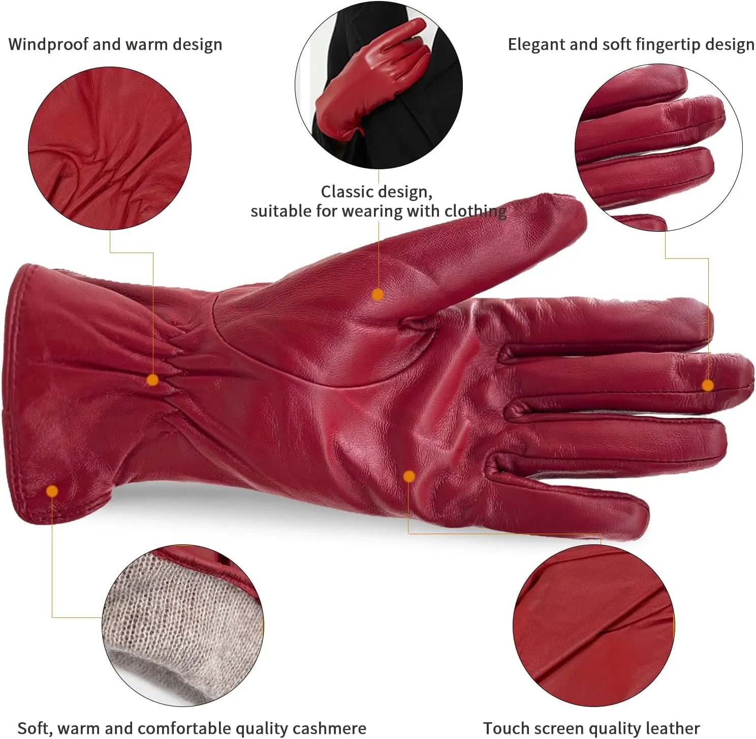 ZLUXURQ Luxury Italian Soft Leather Gloves for Women - Genuine SheepSkin Leather Womens Cold Weather Gloves Cashmere Lined