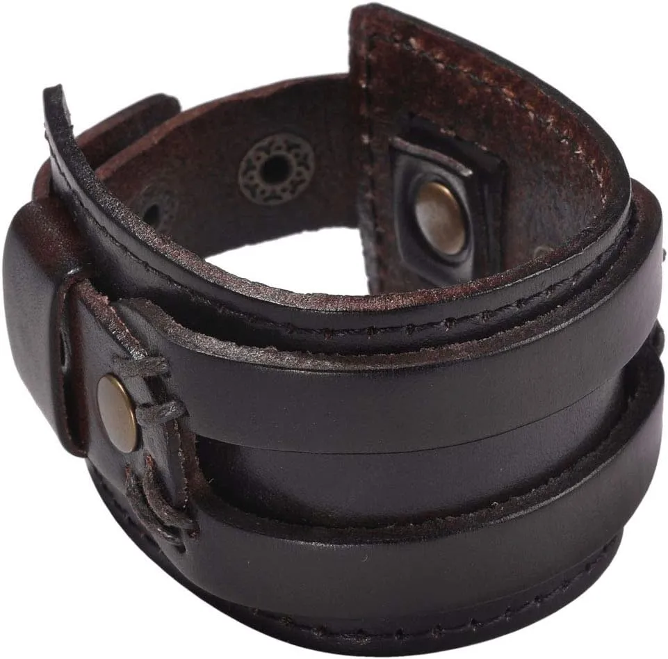 Zysta Wide Wrist Cuff Bracelet Punk Gothic Biker Mens Genuine Leather 7.5"-8.3" Unisex Cool Wristband Bangle Rocker Cosplay Costumes Black, Brown